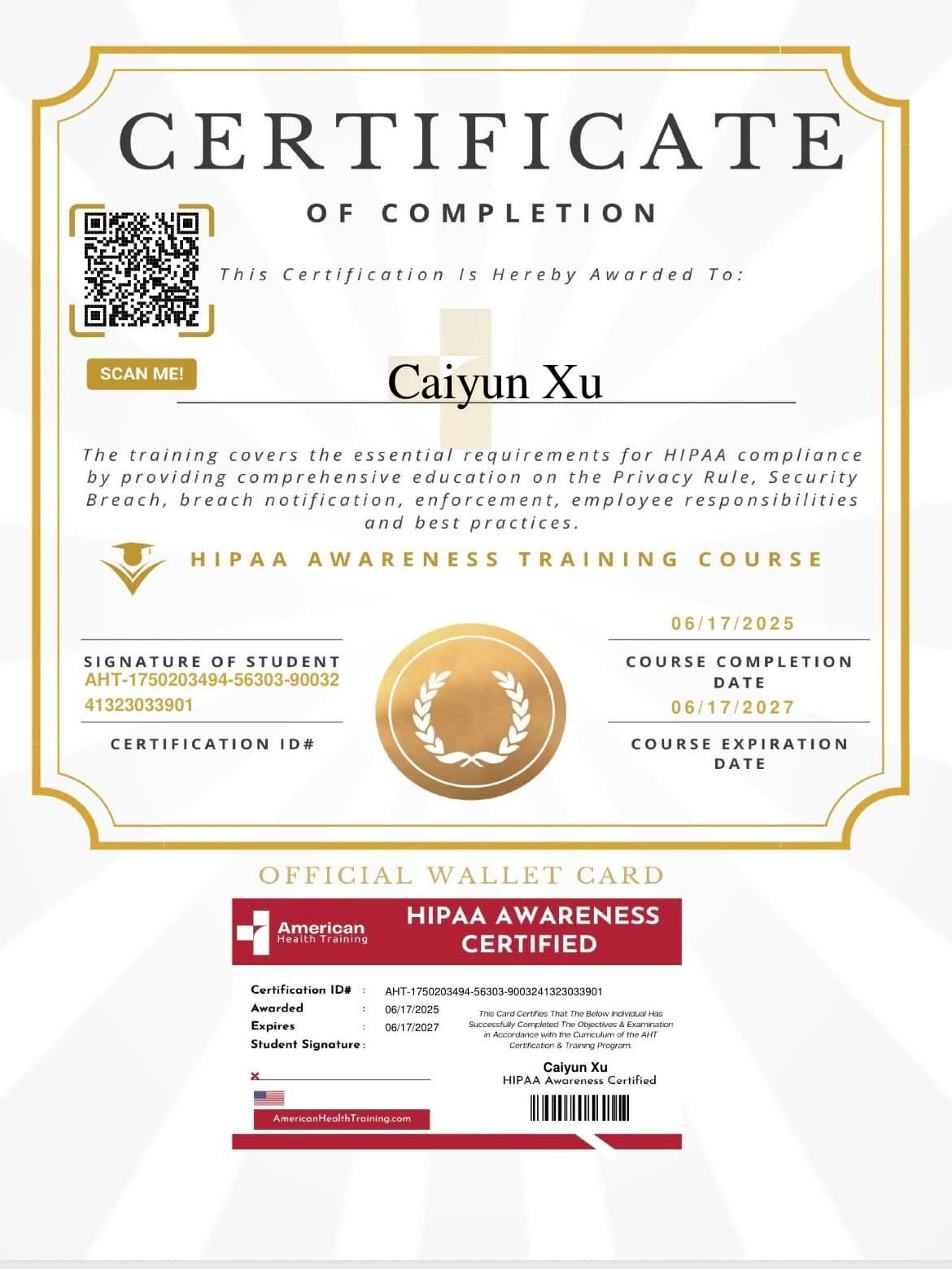 HIPAA Awareness training certificate of completion for Caiyun Xu