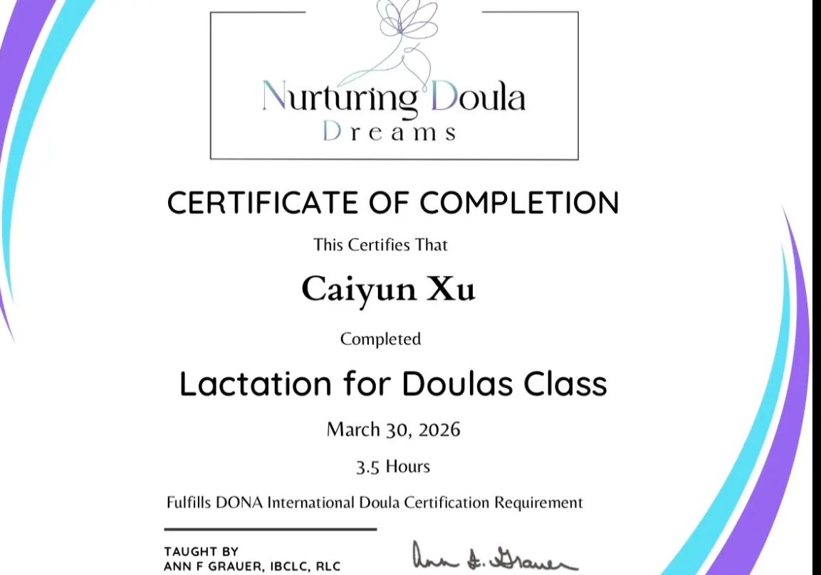 Lactation for Doulas class certificate of completion for Caiyun Xu
